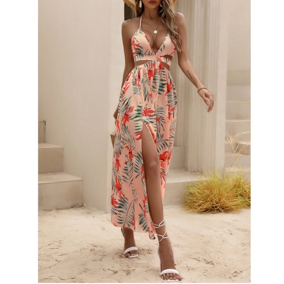 Peach Pink Boho Tropical Print Backless Maxi Dress V-Neck Floral Flared - Picture 3 of 10